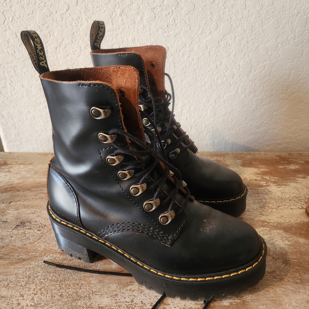 Dr. Martens Black Leather Platform Leona Boots